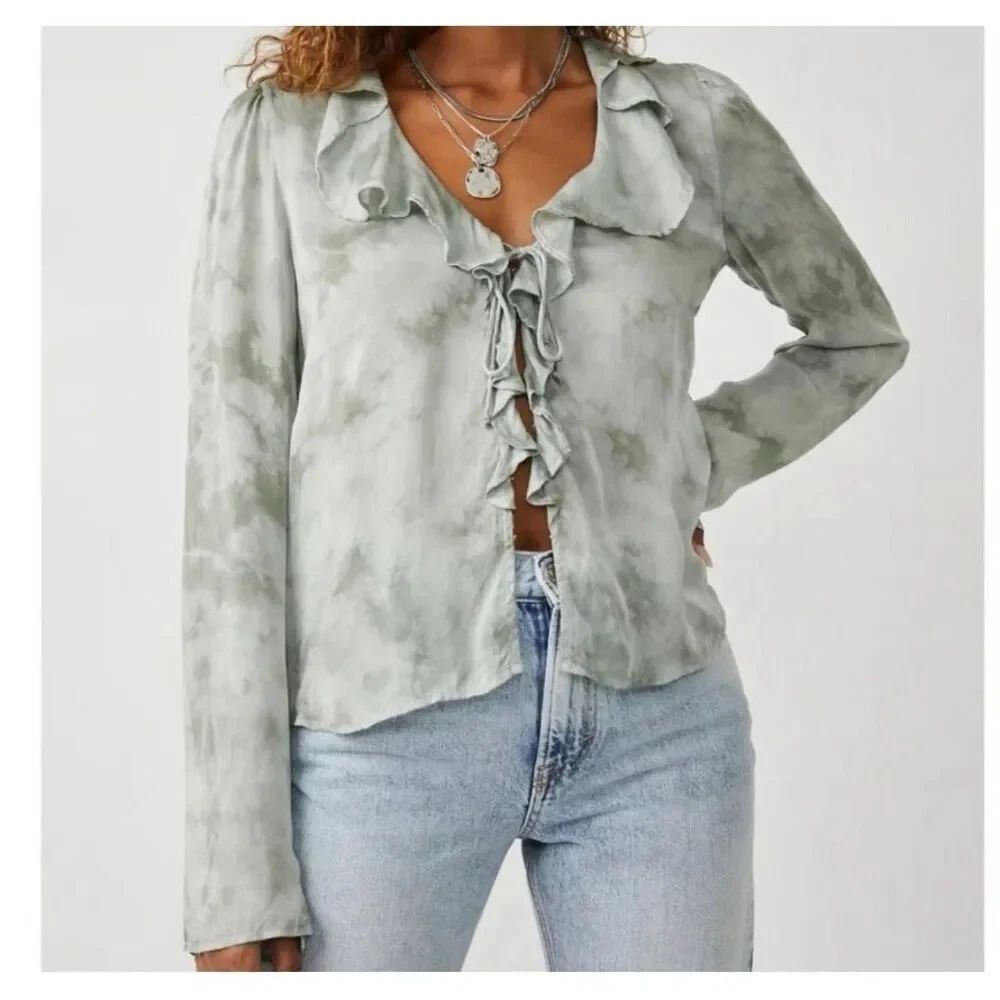 Free People Sascha Ruffle Long Sleeve Blouse Green Tie Dye Size Small